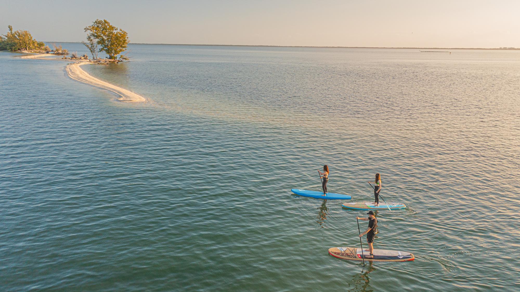 Friends paddle boarding on clear blue water